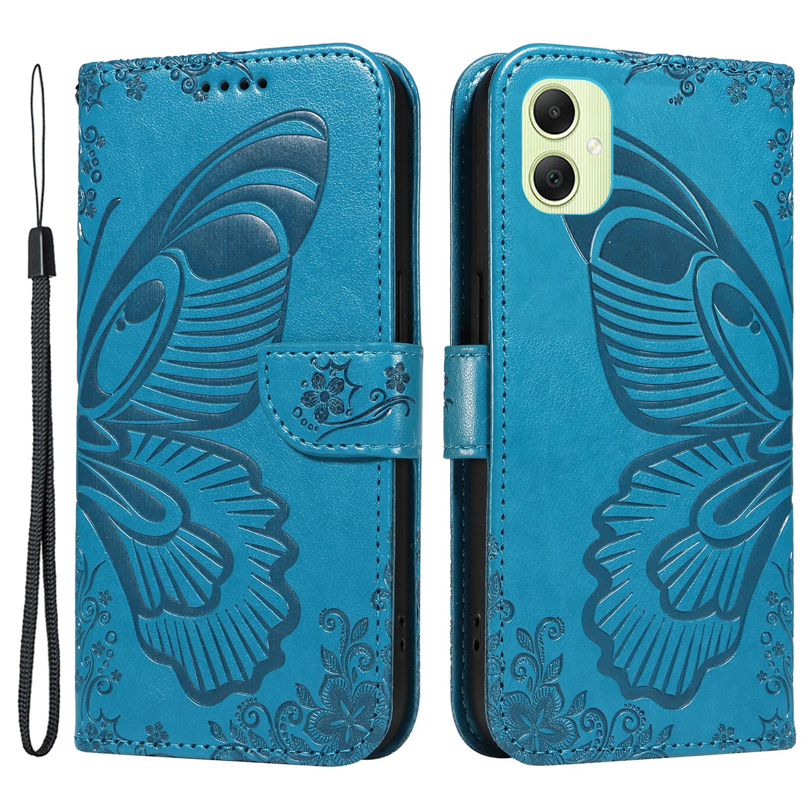 

Для Samsung Galaxy A05 4G чехол-бабочка кожаный кошелек телефон чехол с ремешком на руку Blue