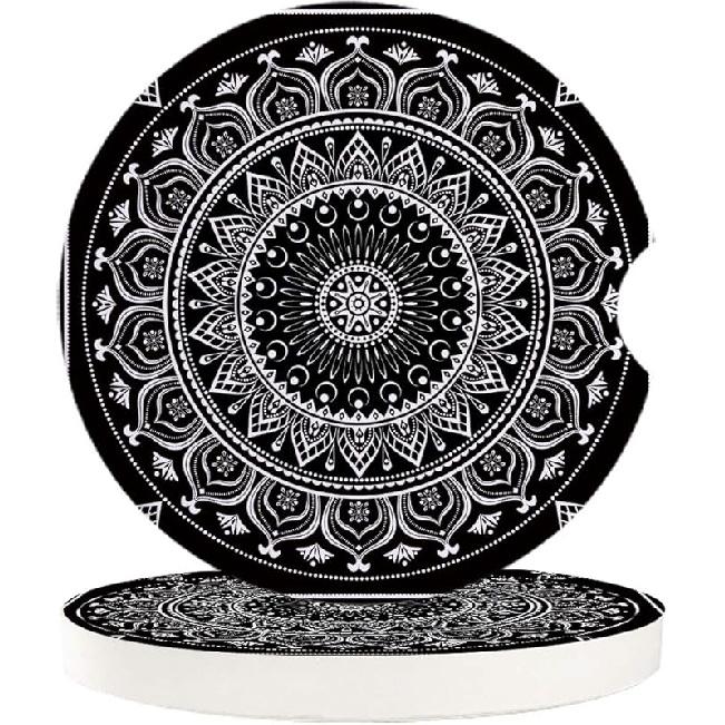 Absorbent Car Coasters for Cup Holders Black and White Indian Mandala, Small 2.56inch Ceramic Stone Drink Coaster for Women Men, Hippie Boho Tribal 2 Packs