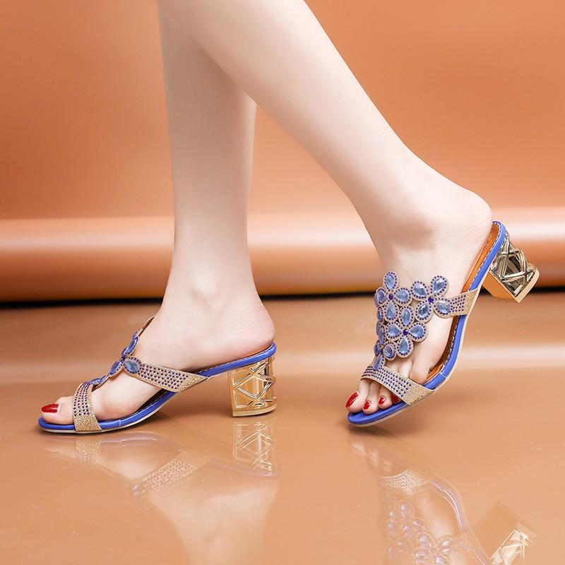 

Shoes for Women 2024 Summer Fashion Rhinestone Flowers Women s Chunky Heel Slippers Open Toe Ladies Casual Mules Female Slides
