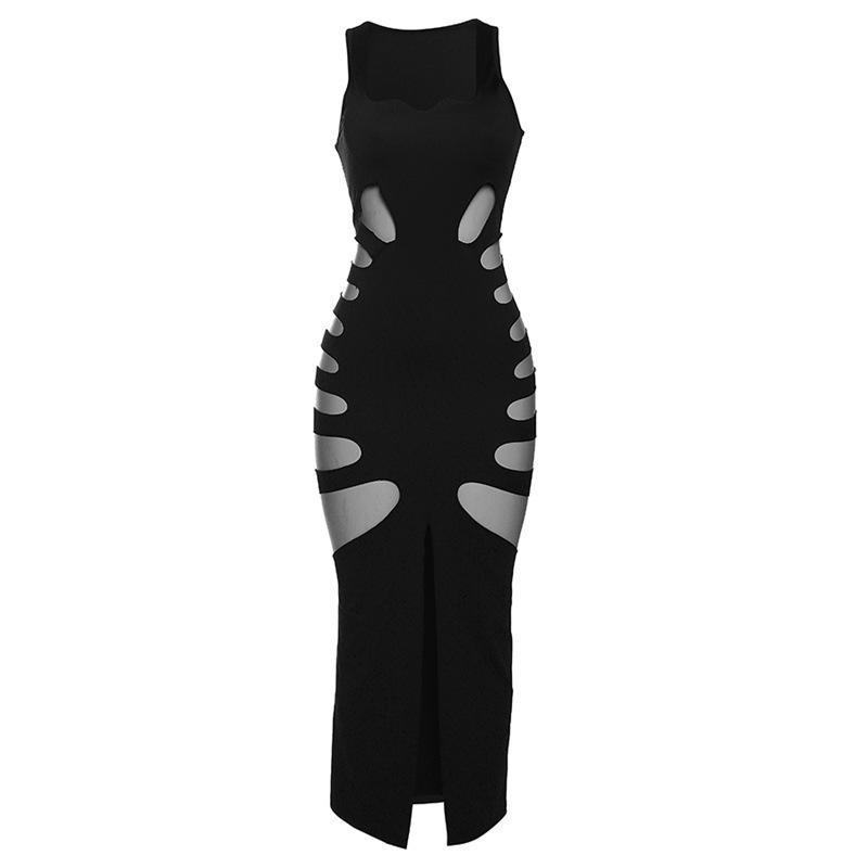 

European Style 2026 Summer Women s Hollow Low Neck High Waist Slim Fit Slit Long Dress Large чёрный