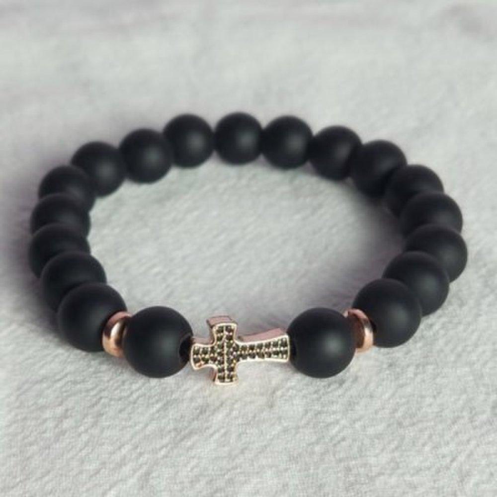

Men s Rose Gold Cross Onyx Gemstone Rosary Bracelet
