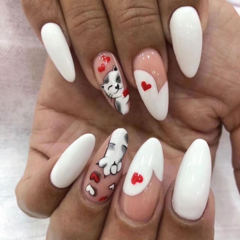 

Heart Full Cover Stick on Nail Lovely Cats False Nail Press On Nail White Almond Shape Artificial Nail for Women 1