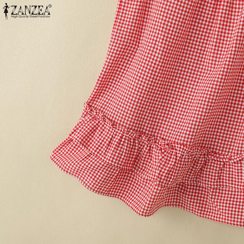 ZANZEA Womens Casual Round Neck Loose Sleeveless Grid Print Vest Tops