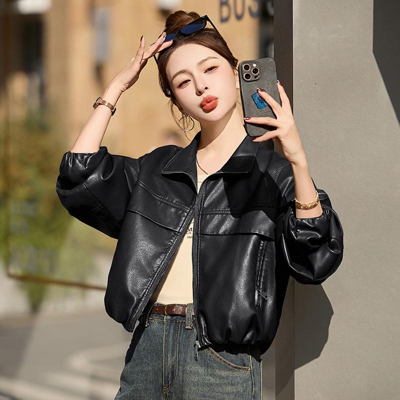 2025 New Women's Short PU Leather Jacket - Slimming Petite Stand Collar Spring/Autumn Coat