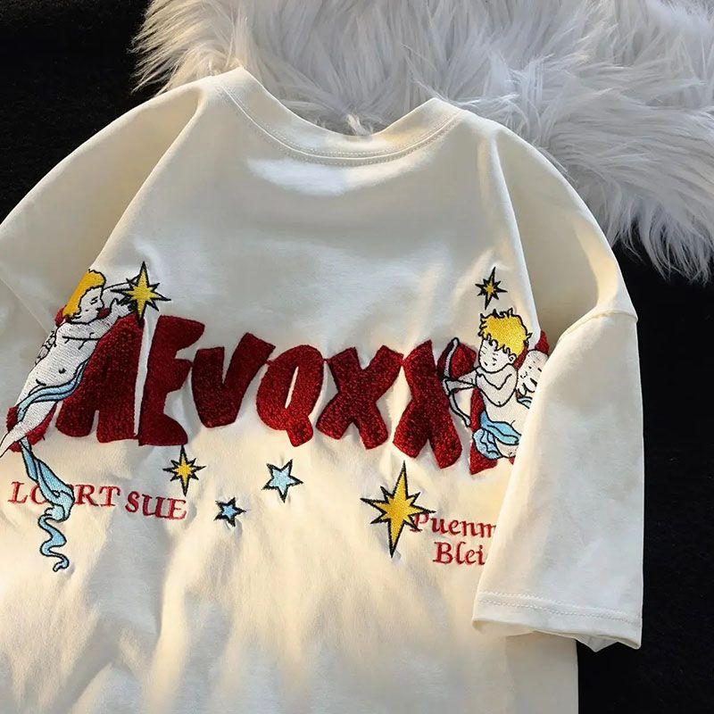 

Тяжелая хлопковая американская футболка в стиле ретро с вышитыми короткими рукавами мужская и женская пара больших размеров свободные повседневные топы для пар