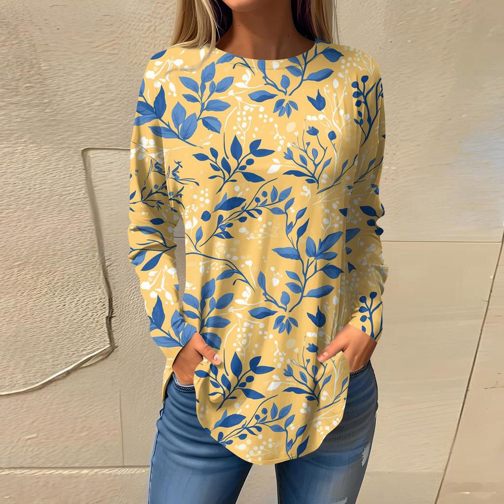 Women's  Loose Casual Flower Printed Round Neck Long Sleeved T Shirt Top Pullover Long Sleeved Sweatshirt