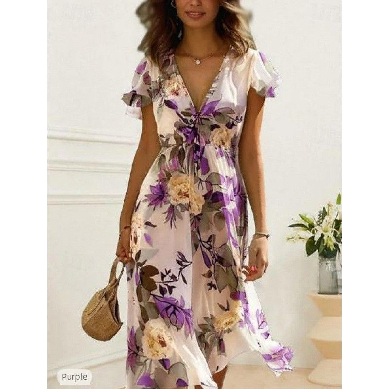 

Fashion New Arrival Print Bohemian Women s Clothing V Neck Dress Sleeveless Summer Purple 3XL