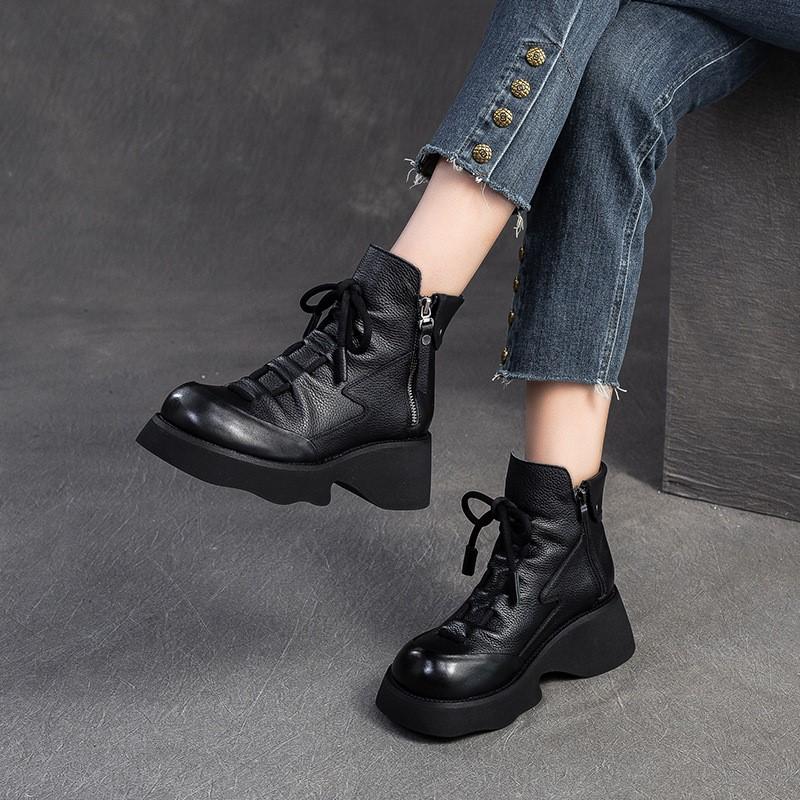 Johnature Genuine Leather Retro Wedges Short Boots With Side Zipper Thick Soled Versatile Women's Boots