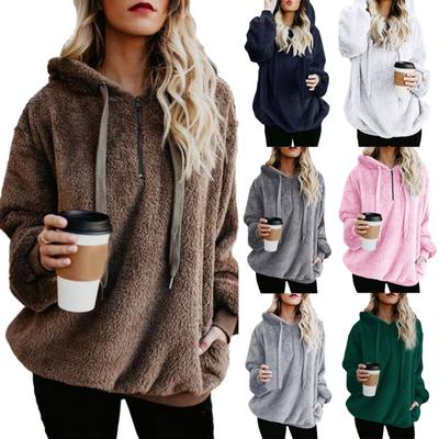 Winter Thick Warm Solid Color Women Long Sleeve Hoodies Zipper Hooded Sweatshirt