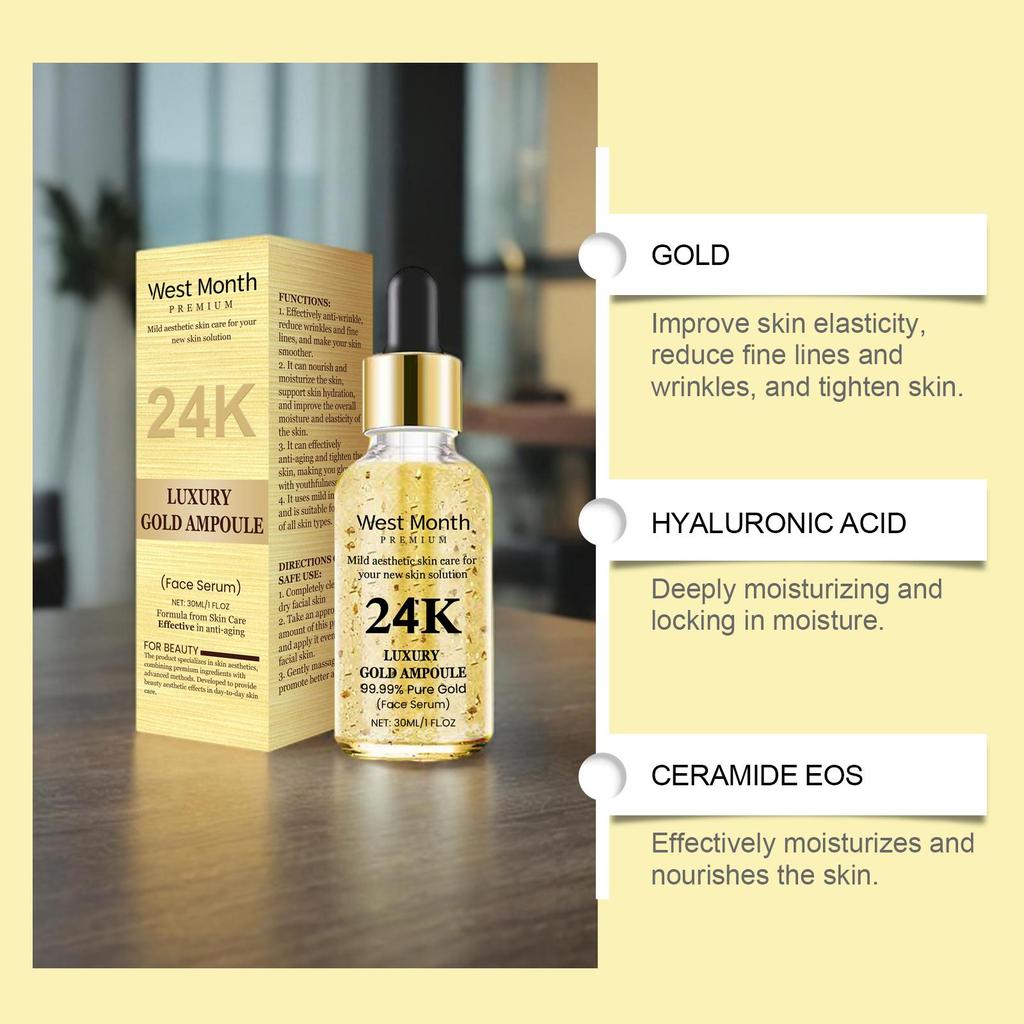West&Month 24K Gold Anti-Wrinkle Serum 30ml Hyaluronic Acid Serum Reduces Wrinkles, Firms and Tightens Nourishes and Hydrates Facial Skin