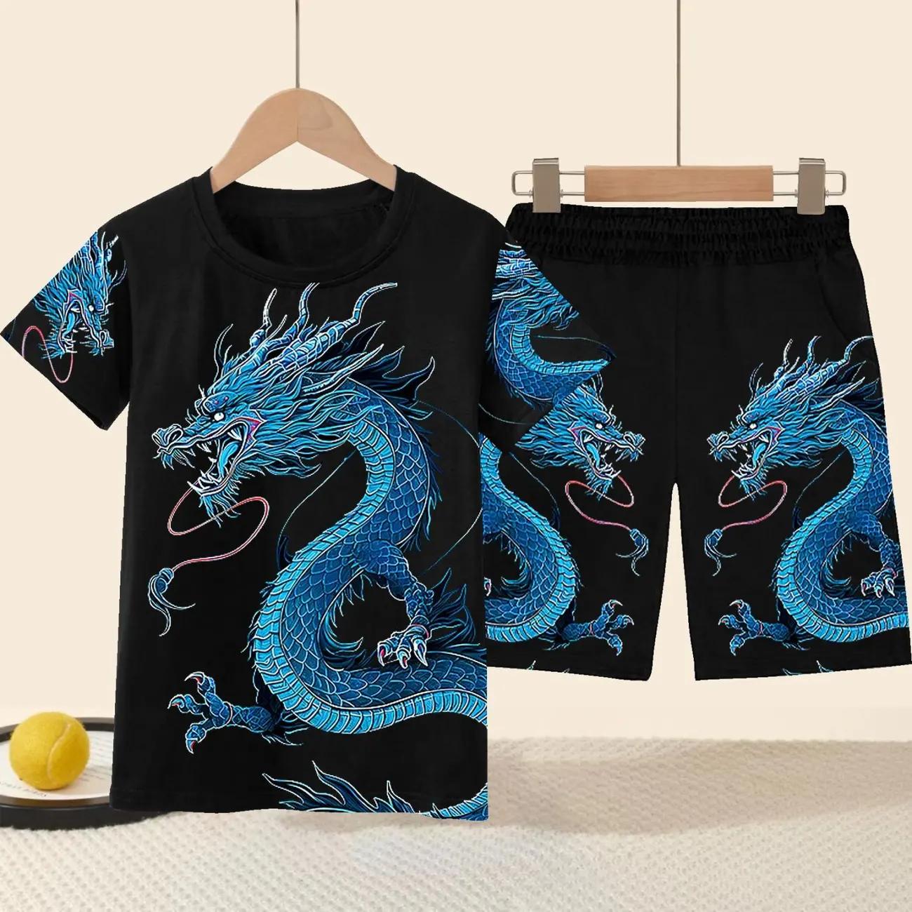 Summer New Ethnic Style Dragon Pattern Short Sleeve Top Casual Personalized Set for Boys 5-6Y