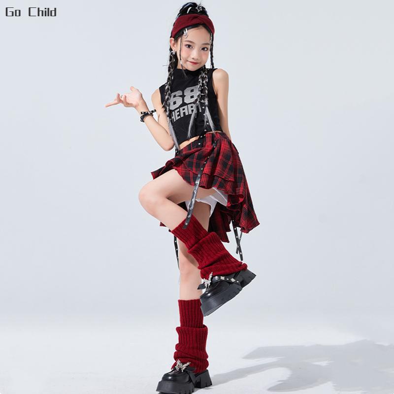 Kids Hip Hop Crop Top Plaid Street Dance Skirt Girls Ribbon Pleated Skirts Teens Jazz Cool Costumes Child Streetwear Clothes Set