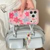 Kawaii Pink Blue Lily Floral Glitter Phone Case With Colorful Beaded Wrist Strap For iPhone 14 15 16 17 Pro Max INS Sweet Style