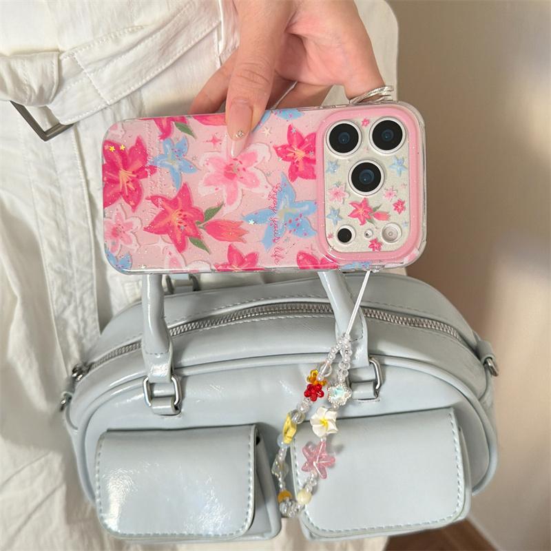 Kawaii Pink Blue Lily Floral Glitter Phone Case With Colorful Beaded Wrist Strap For iPhone 14 15 16 17 Pro Max INS Sweet Style