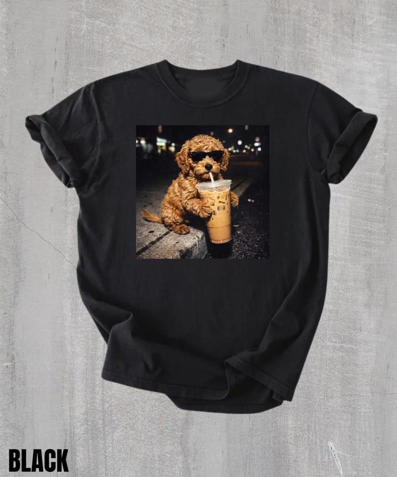 Funny Goldendoodle Drinking Iced Coffee T-ShirtDog Owner Gift Dog Meme Unisex T-Shirt L
