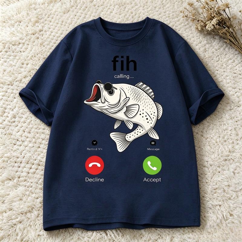Funny Fish Calling T Shirt Bass Fish Incoming Call Graphic Tee Casual Short Sleeve Gift For Fisherunisex Angler Dad Fishing Hobby