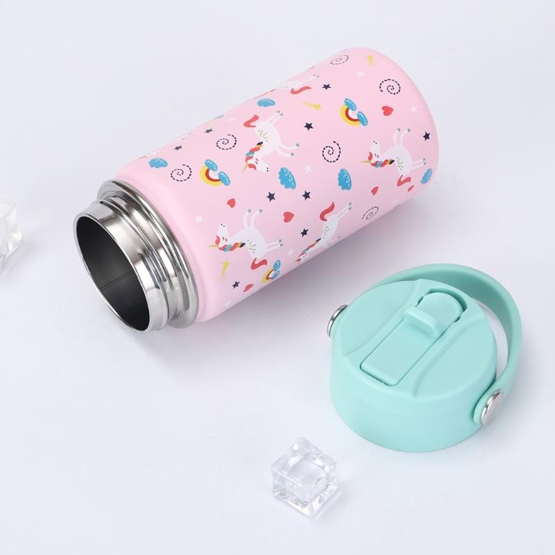 Wide Mouth Thermal Stainless Steel Water Cup Cartoon Handle Straw Tumblers Water Bottle for Outdoors