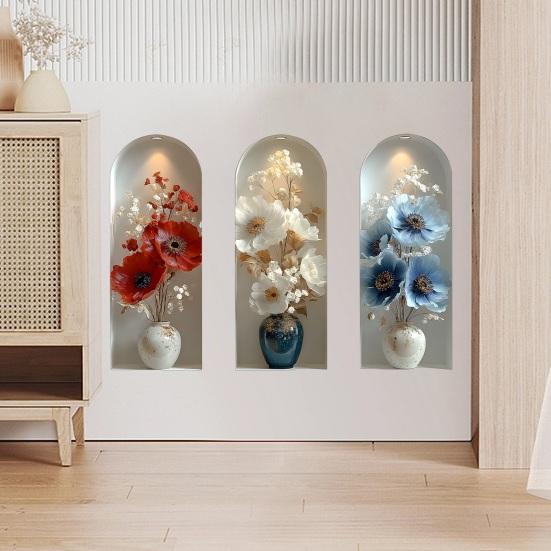 3 szt. Naklejki ścienne z kwiatami 3D Samoprzylepne Wazon z kwiatami Sztuka ścienna Usuwalne Kwiaty Naklejki PVC do Salonu Sypialni Przedpokoju Tło za Sofą