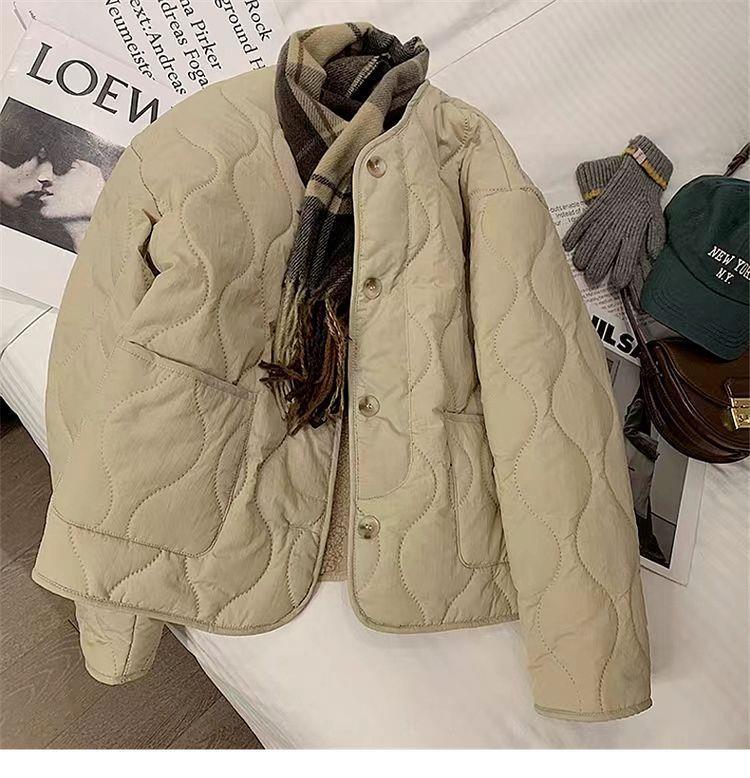 Zimní bunda nadměrné velikosti 2025 z jehněčí vlny s bavlněnou výplní - Korejský styl, Silná s kulatým výstřihem