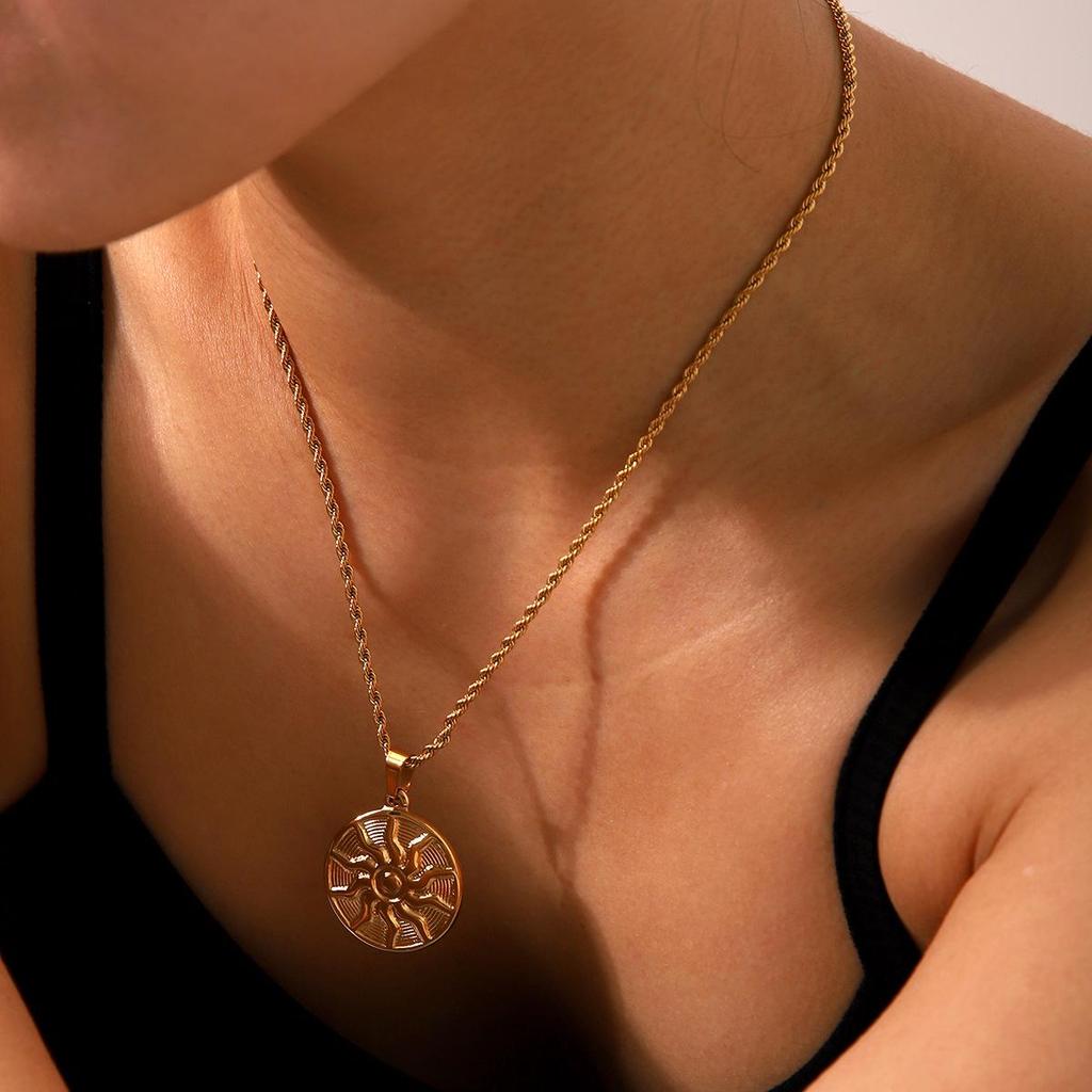 Stainless Steel Hip-Hop Sun Totem Pendant Necklace for Women