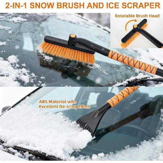 26" Snow Brush & Ice Scraper for Car Windshield and Window | 2-in-1 Winter Tool with Premium Bristles for Cars/SUVs/Trucks — Rotating Head, Heavy -