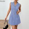 Women Grid Print Casual Turn Down Collar Sleeveless Dress