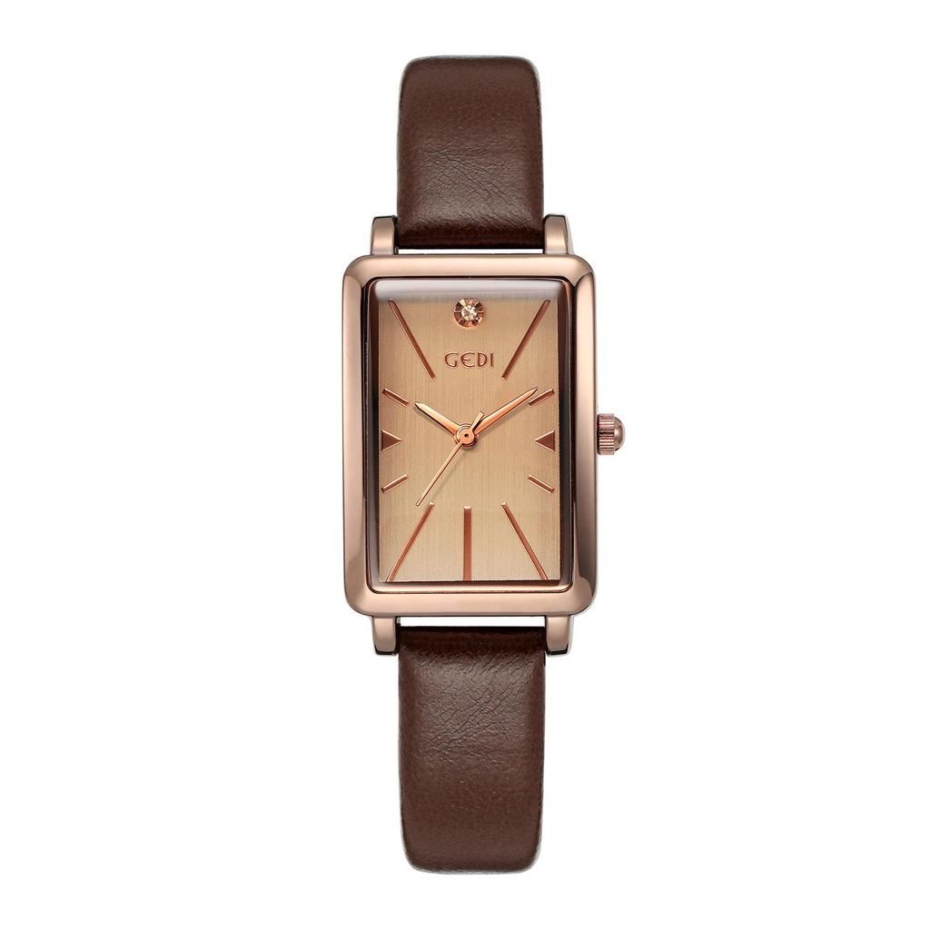 Gedi Rose Gold Small Quartz Watch with Silver Dial & Black Leather Strap