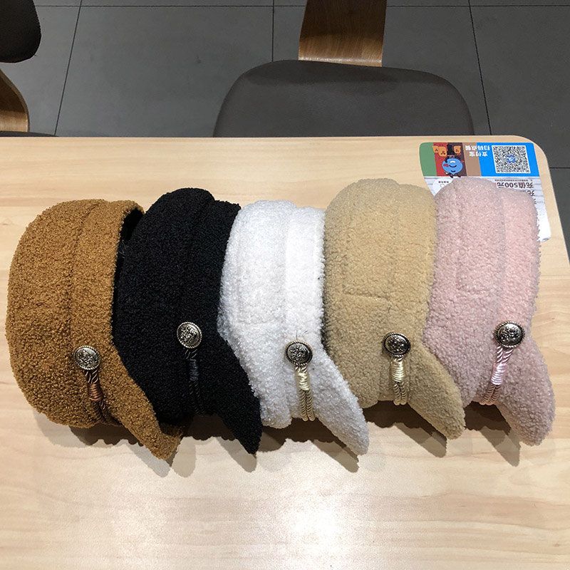 Autumn and Winter Lamb Wool Thickened Warm Flat Top Cap Painter Hat Women's Octagonal Hat