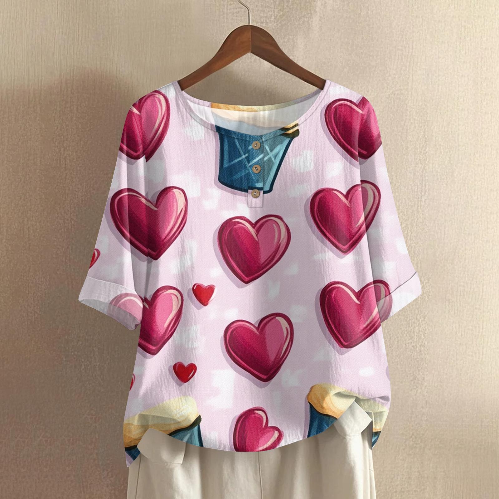 

Women s Casual And Comfortable Mid-Length Round-Neck Fashion Print Cotton-Linen Top XL червоний