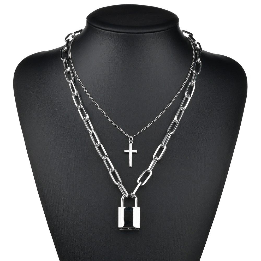 DIEZI Mode Doppellagiges Schloss Gold Silber Farbe Kettenhalsband Herren Punk Gliederkette Vorhängeschloss Anhänger Halskette Für Frauen Schmuck