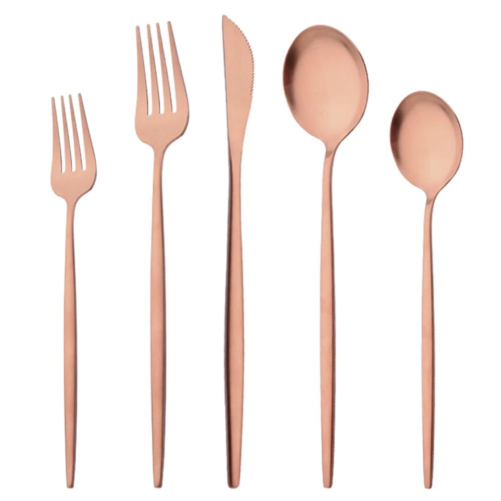 5Pcs/Set Pink Gold Tableware Stainless Steel Matte Dinnerware Cutlery Set Flatware Knife Dessert Fork Spoon Kitchen Accessories For Home