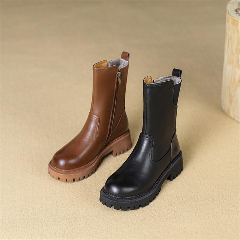 Mode Neue Winter Echtleder Damenstiefel Schuhe für Damen Wollstiefel Hohe Absätze Stiefeletten Damen Plateauschuhe Chelsea Schneestiefel