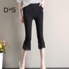 Women Cropped Pants Solid Color High Elastic Summer Flared Pants Lace Stitching Trim Tight Leggings with Pockets