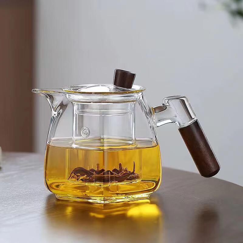 Hexagonal Glass Teapot with Wooden Handle