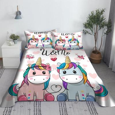 Mehrfarbiges Einhorn-Bettlaken 3D-gedrucktes Cartoon-Polyester-Bettlaken mit Kissenbezug, Kinderbettwäsche-Geschenkset in voller Größe