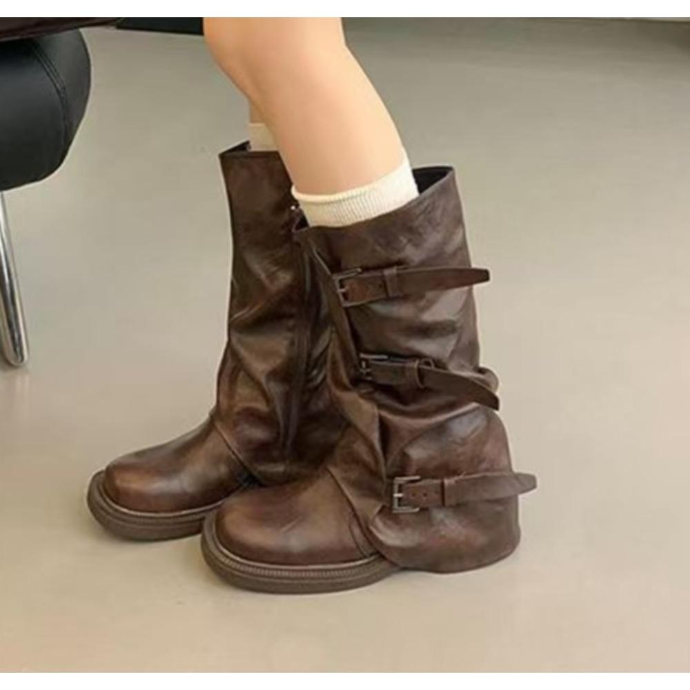 Дизайнерские Осенне-Зимние Винтажные Женские Сапоги до Колена Обувь Женская Элегантная Толстый Низкий Каблук Пряжка Ремень Западные Ковбойские Botas 40 коричневый 3340₽