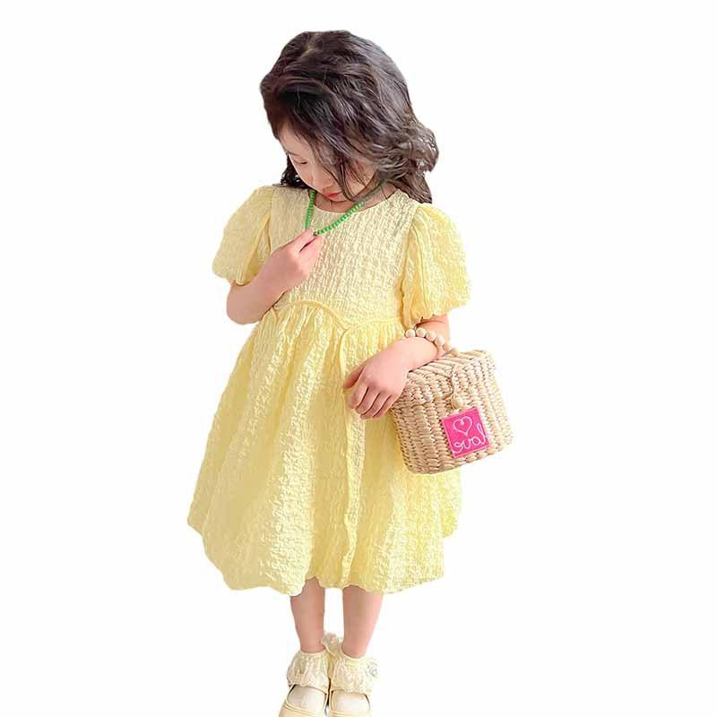 Girls' Summer Dress Solid Color Sweet Dress Short Sleeved Princess Dress Fluffy Dress for Children Clothing