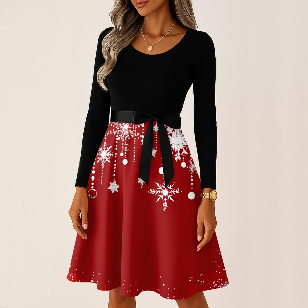 Kadın Günlük Moda Uzun Kollu Noel Grafik Baskılı Vintage Uzun Elbiseler