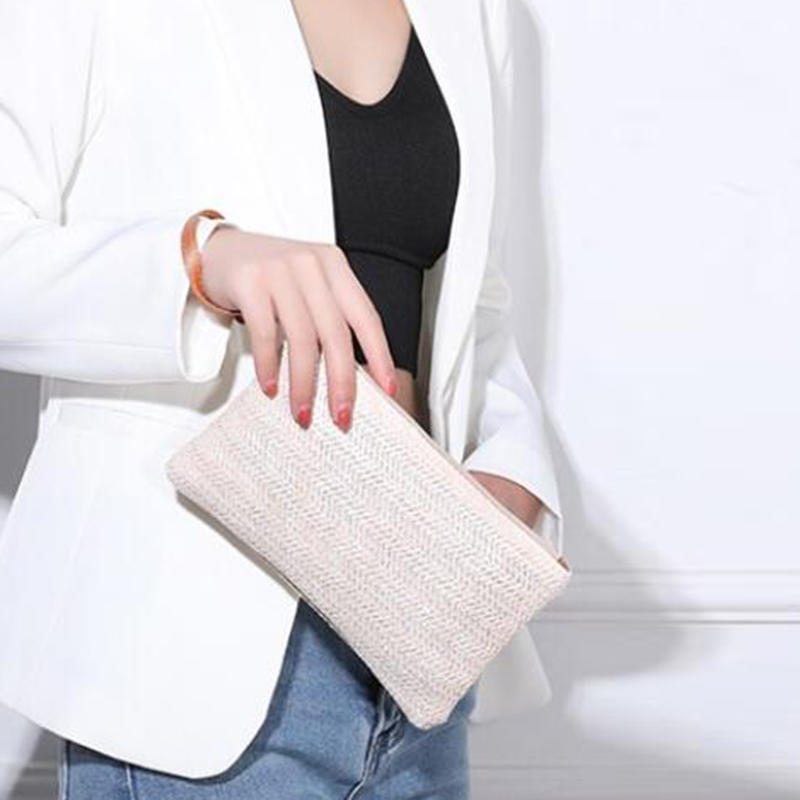 Fashion Ladies Weaving Bag Wristlet Clutch Women Daily Money Phone Clutch Solid Straw Woven Coin Purse Beach Wallet Card Leisure Travel
