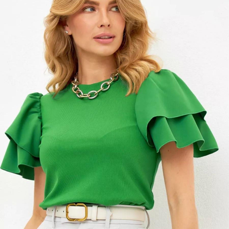 Splicing Chiffon Petal Short Sleeved Round Neck Women's T-shirt Slim Fit and Versatile Casual Top