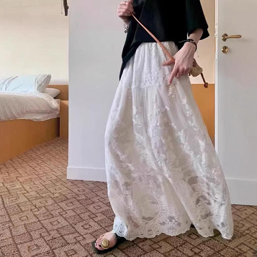 Elegant French Lace Embroidered A-Line Skirt for Women - High Waist, Wide Hem, Long, Layered Design for Autumn/Winter