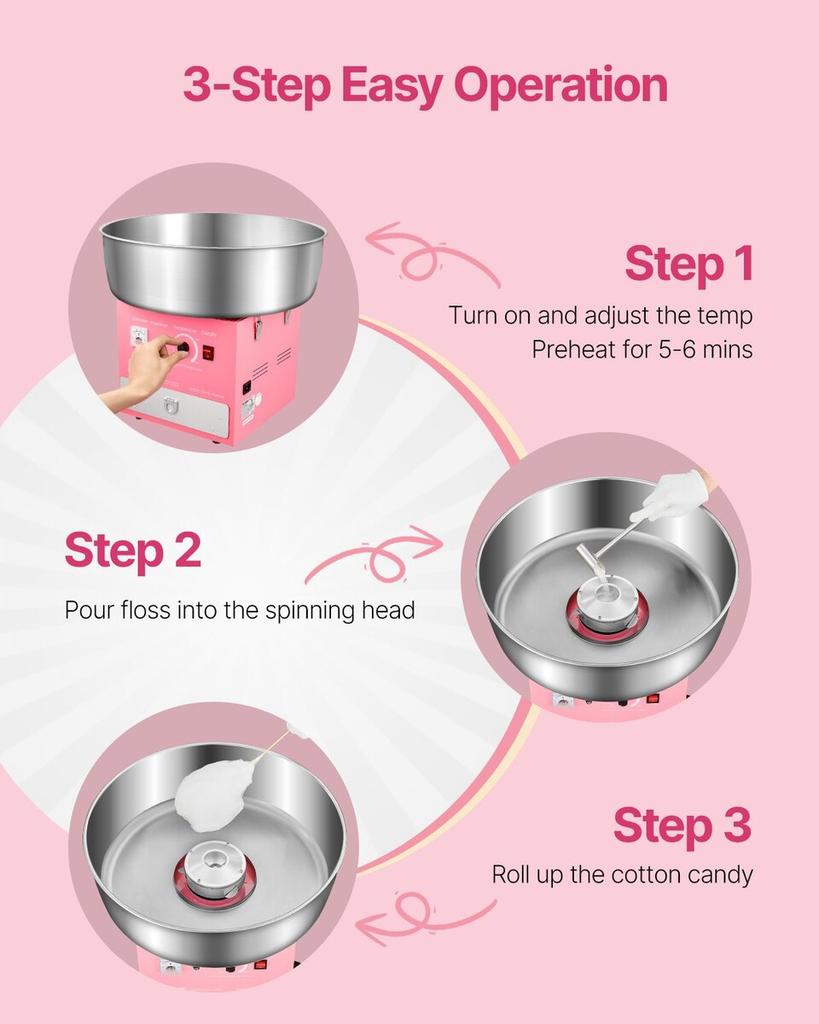 Commercial Cotton Candy Machine Sugar Floss Maker 1000W for Party Pink