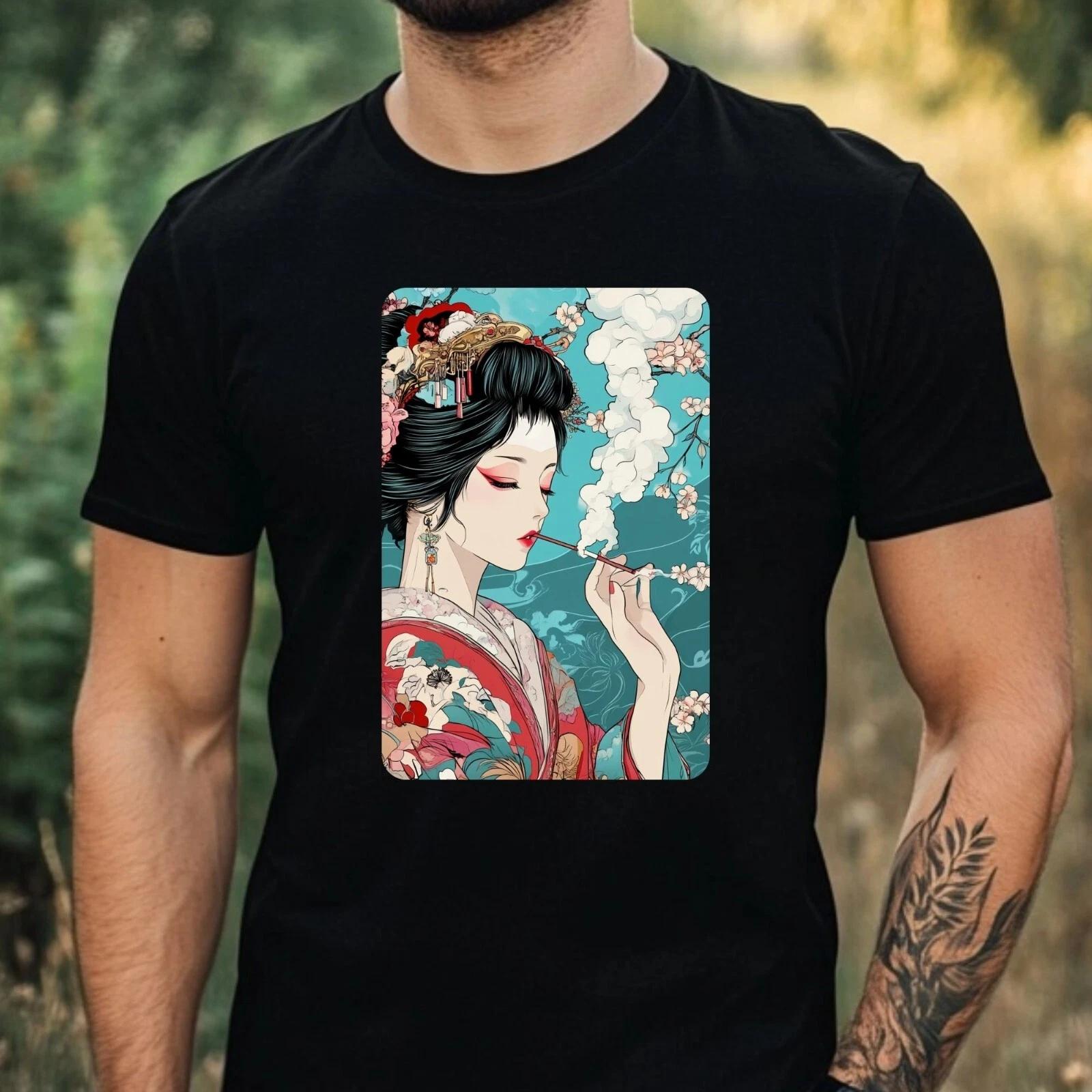 T-Shirt Herren Geisha Raucht Motiv Baumwolle Größe XS bis 5XL XXL