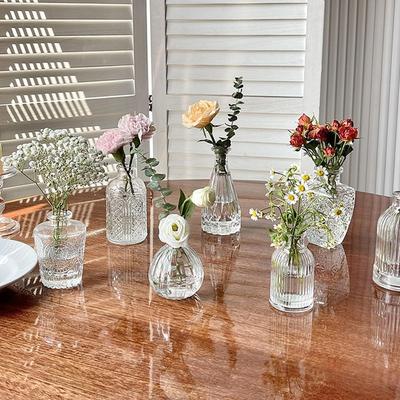 11 Styles INS Mini Glass Flower Vase Retro Embossed Transparent Hydroponics Plant Vase Desktop Ornaments Home Decoration