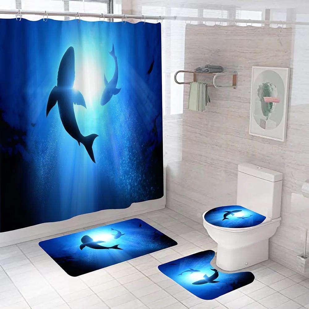 Ocean Dolphin Bathroom Set Animal Waterproof Fabric Shower Curtain Set Sea Scenery Pedestal Rugs Flannel Toilet Cover Bath Mats