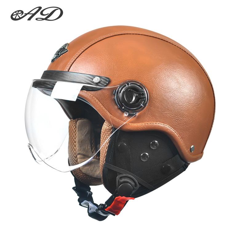 AD Retro Motorcycle Helmets with Harley Visor Leather Helmet for Man Electric Motorbike Vintage Protected Motor Safety Cap