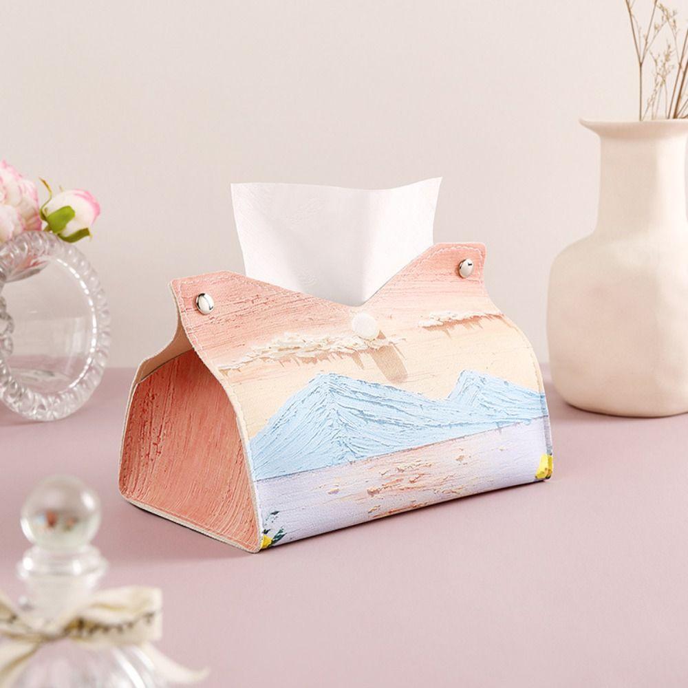 High Quality Oil Painting Tissue Case with Buttons Smooth Napkin Holder Leather Printing Paper Towel Box Home