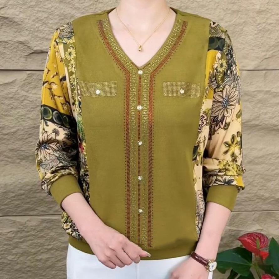 

High-end long-sleeved t-shirt women s V-neck spring and autumn new 2025 loose belly-covering and thin middle-aged top 4XL (155-82.5 kg) жовтий