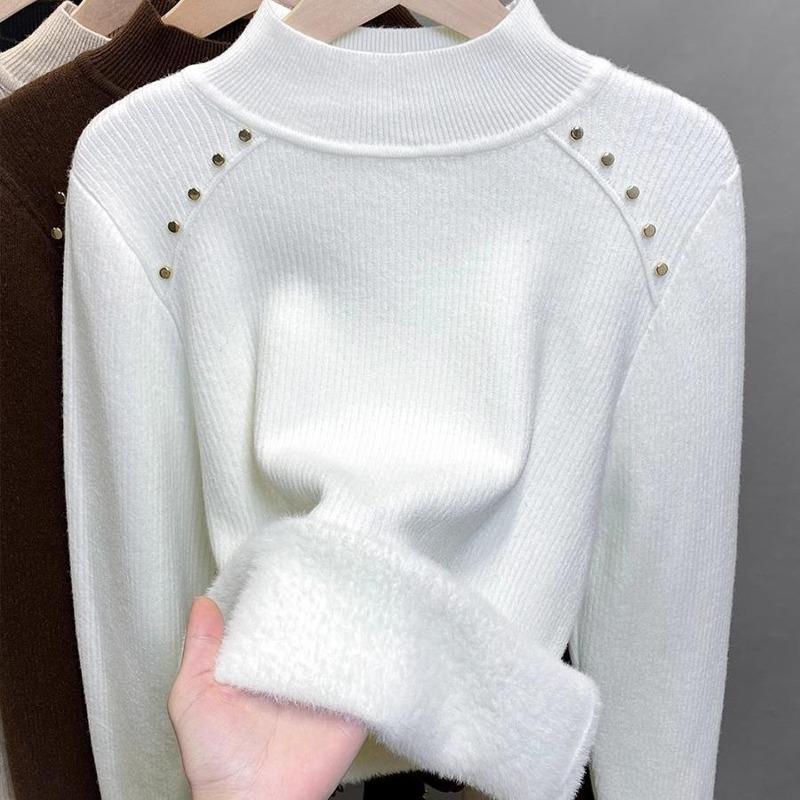 Autumn and Winter Warm Fleece Thickened Integrated Fleece Sweater Women's Bottoming Shirt New Semi-turtleneck with Knitted Top