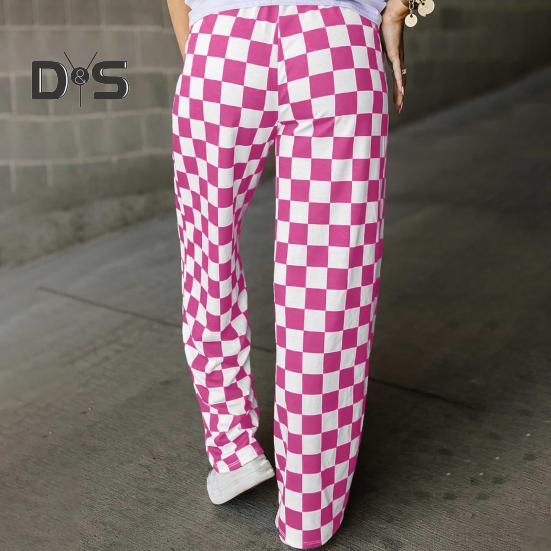 Damenhose, elastisch, hohe Taille, karierter Druck, weites Bein, Freizeithose, lockere Passform, Hose für Urlaub, Arbeit, Alltag